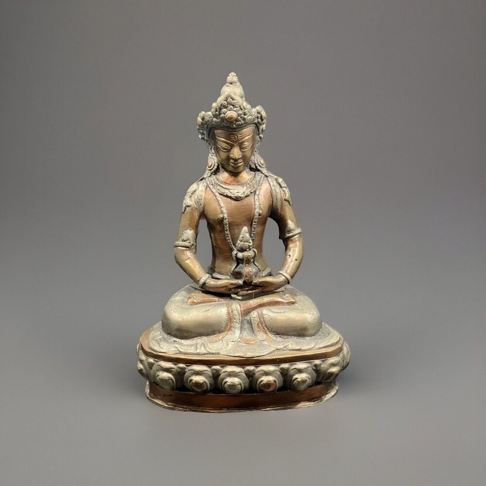 Antique Amitayus Bronze Gilded Buddha Sculptures Giver of a Long Life 7" x 5"